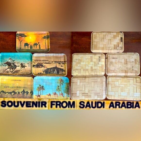VINTAGE 70’s SAUDI ARABIA HAND PAINTED SOUVENIR TRAYS SET OF 5 - Picture 1 of 9